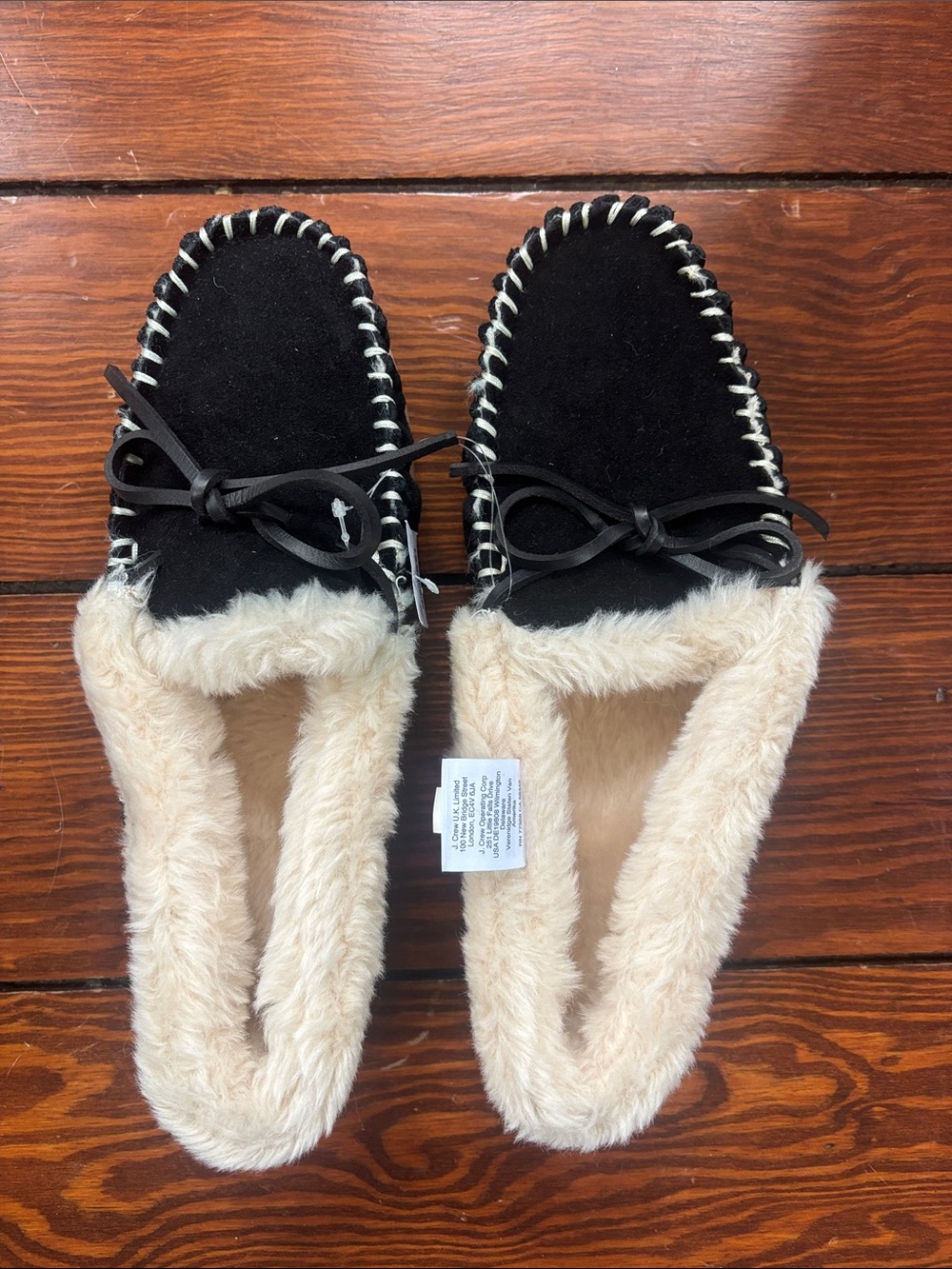 J. Crew Black Faux-Suede Moccasin Slippers with Cream Fleece Lining size 10